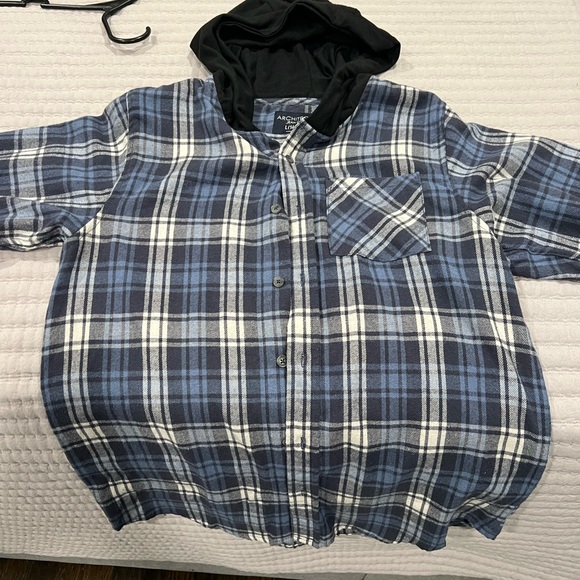 Boys blue and white flannel with hoodie - Picture 4 of 5